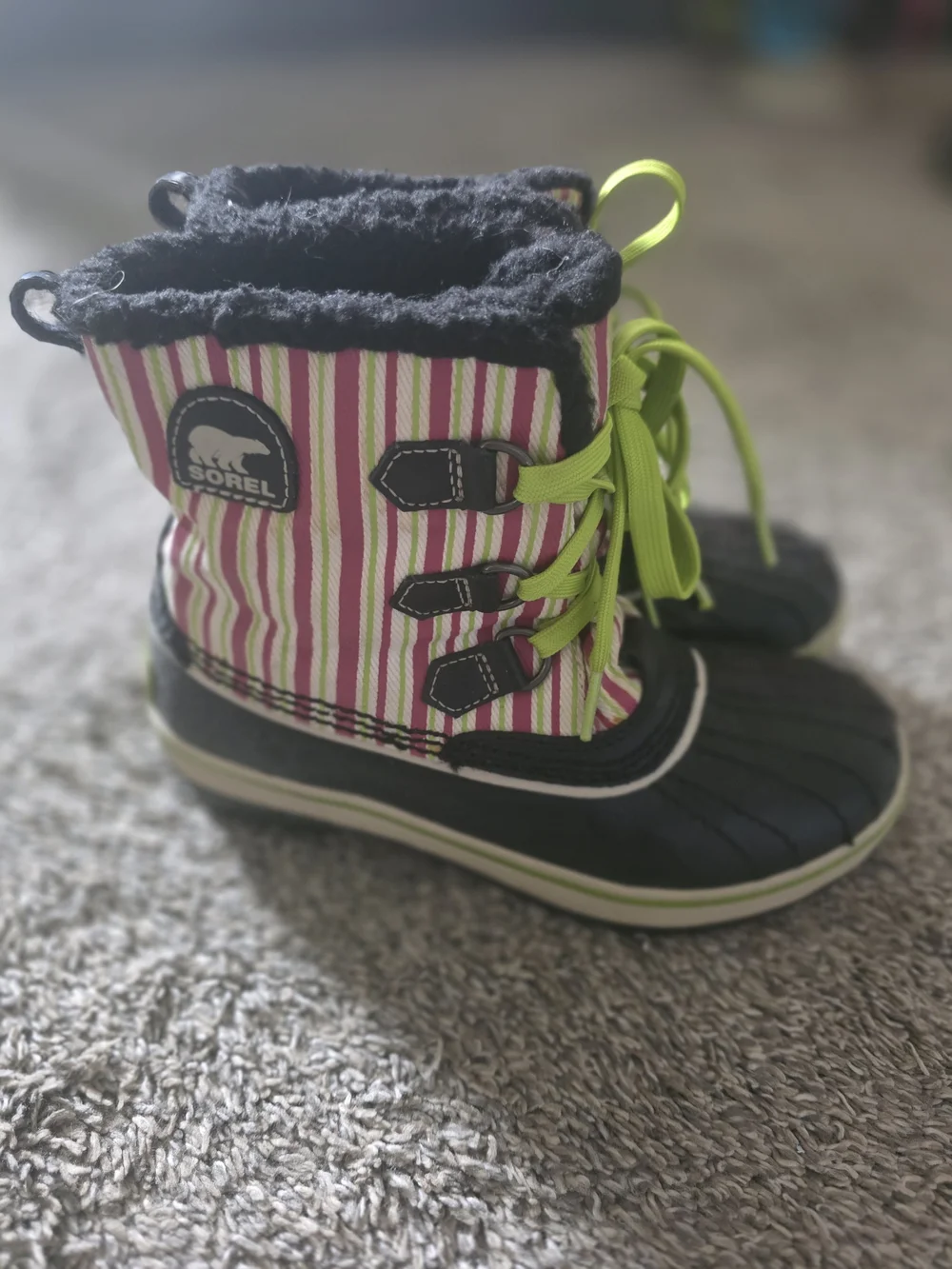 Sorel Kids Black, Pink & White Stripe Winter Boots with Lime Laces